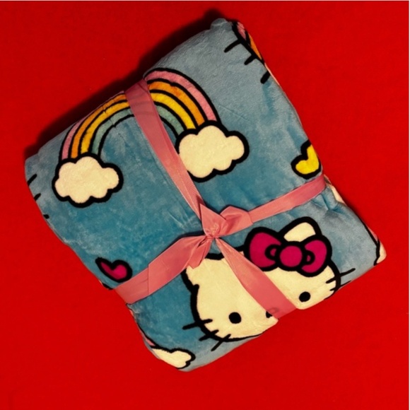 Sanrio Hello Kitty blue and rainbow blanket throw size Queen NWT - Picture 4 of 4
